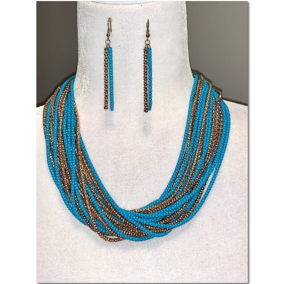 Turquoise Blue & Gold Multistrand Beaded Fashion Necklace & Earring Set EUC - Picture 5 of 6